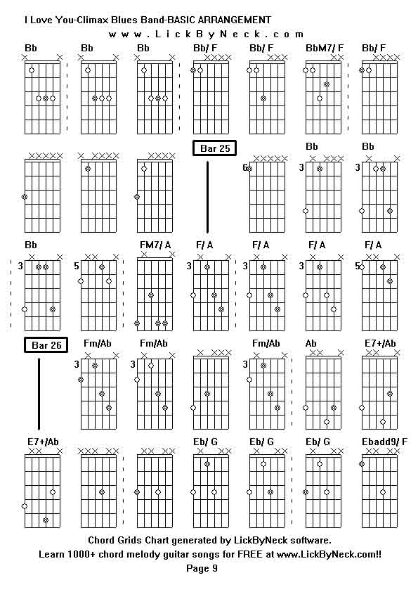 Chord Grids Chart of chord melody fingerstyle guitar song-I Love You-Climax Blues Band-BASIC ARRANGEMENT,generated by LickByNeck software.